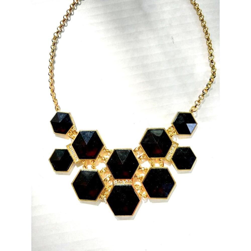 Vintage Style Black Hexagon Statement Necklace Gold Tone Honeycomb Collar Retro - Picture 2 of 4